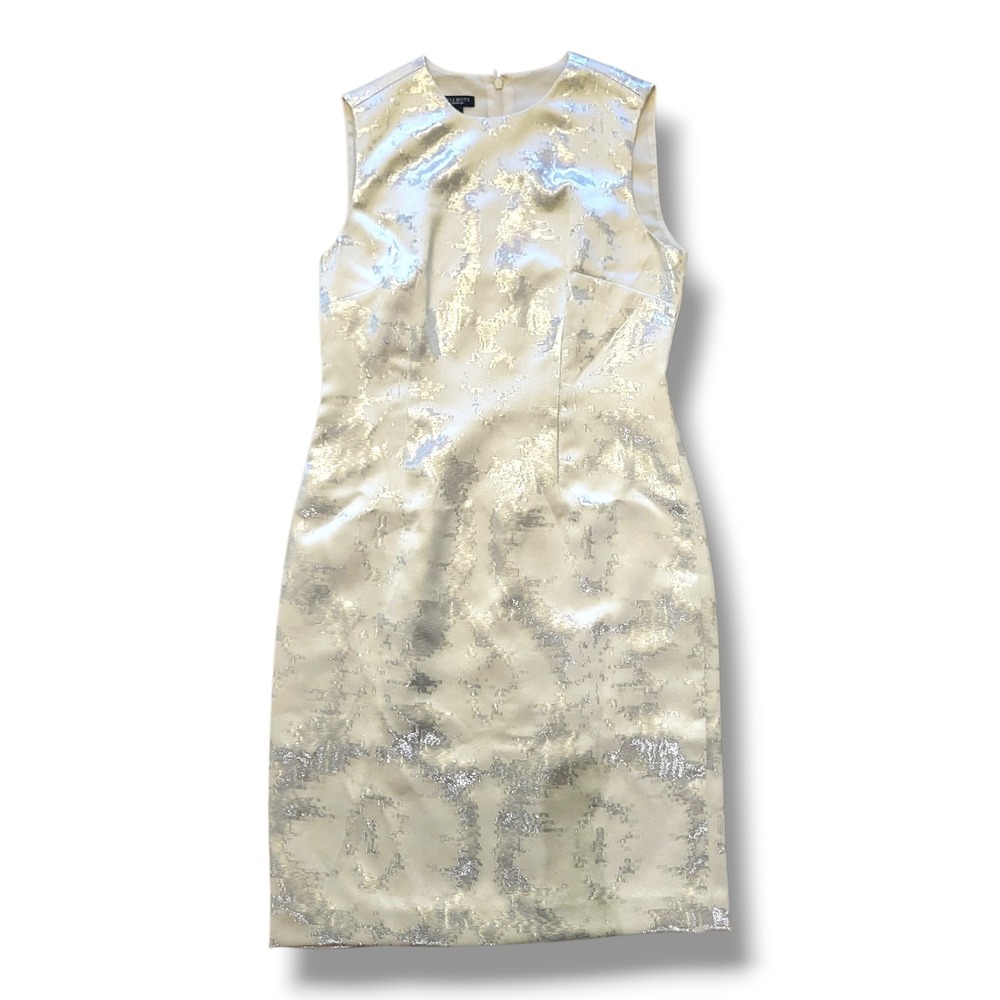 Talbots Dress Womens 4 Off White Silver Metallic Abstract Jacquard Sheath Silk